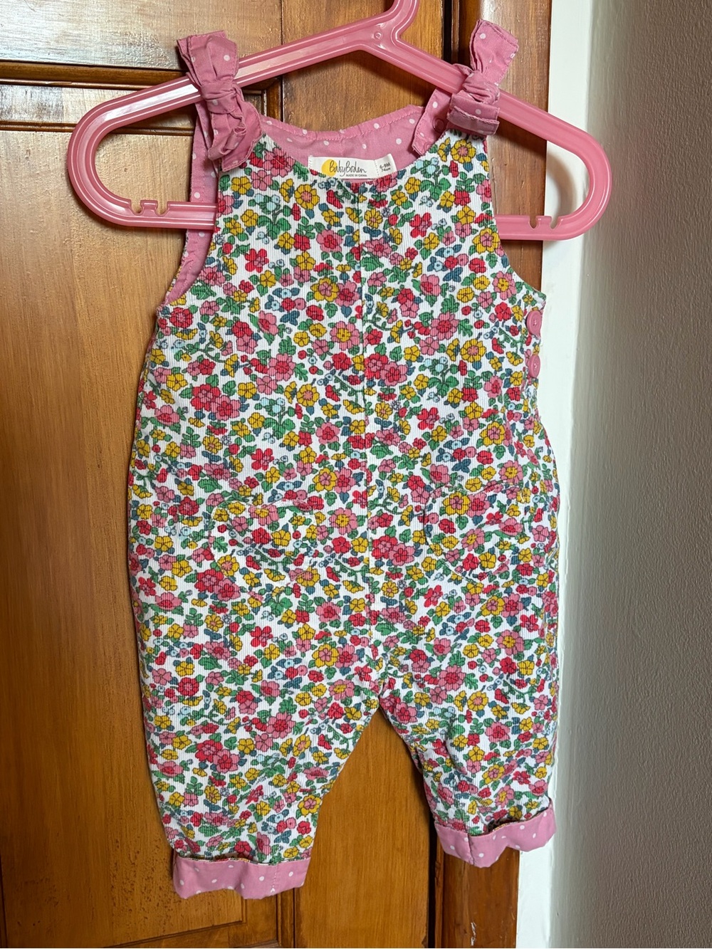 Baby Boden Pink Floral Cotton Overalls with Green and Yellow Accents